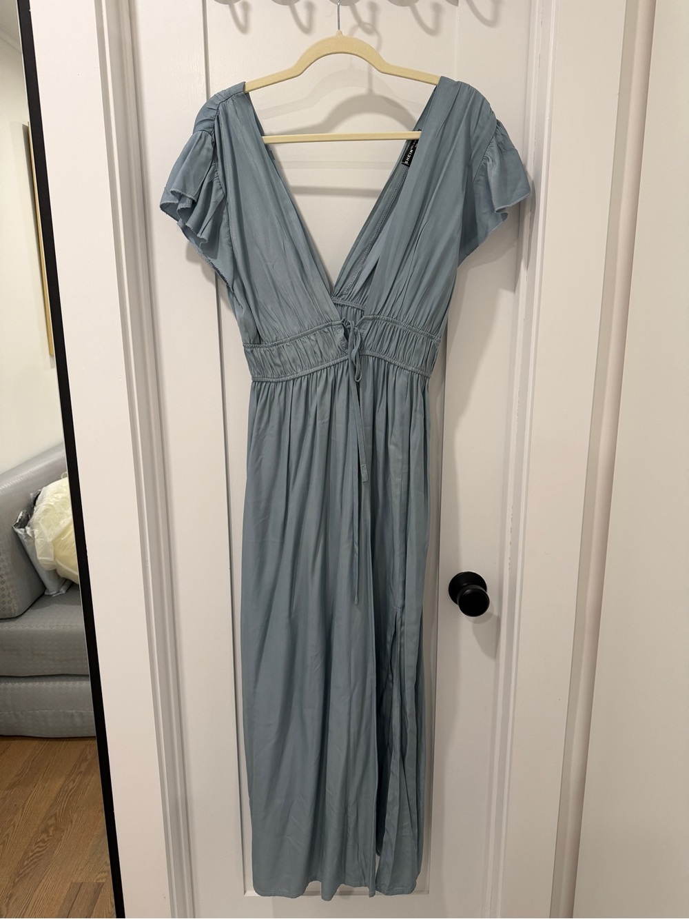 SHEIN Light Blue V-Neck Midi Dress with Tie Waist